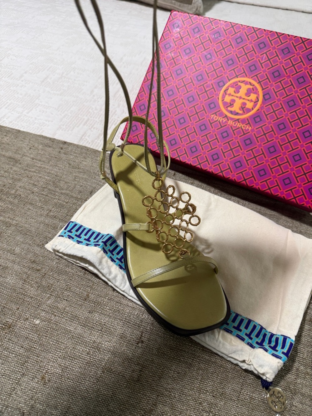 Tory Burch Olive Lace-Up Sandal with Gold Chain Motif